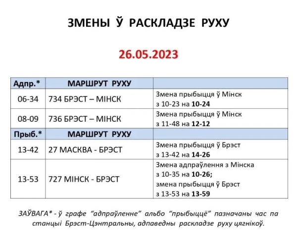 Вокзал станции Брест-Центральный сообщает об изменениях в расписании поездов на следующей неделе