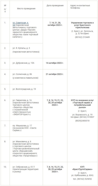 Брестский городской исполнительный комитет приглашает на осенние ярмарки